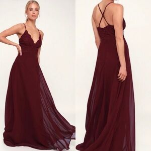 Lulu's Burgundy Maroon Crochet Lace Criss-Cross Back Maxi Dress Gown Size L